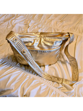 Y2K Gold Metallic Leather Studded Hobo Bag Lion Head Shoulder Bag Boho Edgy